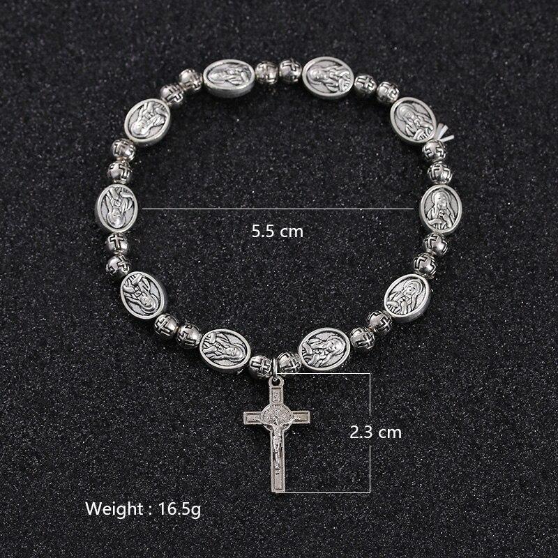 Handmade Rosary Bracelet Elasticated Metal Bracelet  Round Rose Alloy Beads Catholic Saints Images Prayer Bracelets
