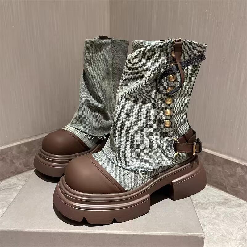 Bottes de cowboy à plateforme pour femme, automne/hiver 2024, style tête de poupée coréenne, bottes cigarette courtes