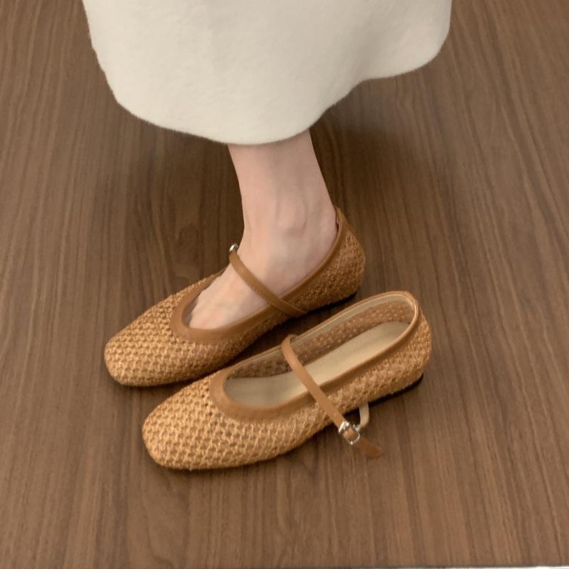 Mesh Woven Shallow Mouth Flat Bottom Loafer Beanie Shoes 2025 New French Style Inner Height Increase Commuting Night and Evening Single Shoes Women