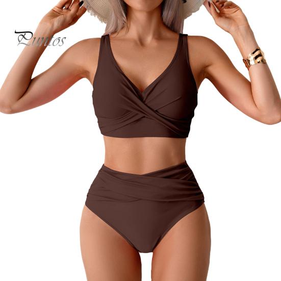

Женский комплект бикини из 2 предметов, глубокий V-образный вырез, бюстгальтер без косточек, высокая талия, плавки, комплект, однотонный дизайн, раздельный дизайн, пляжная одежда S кофейный
