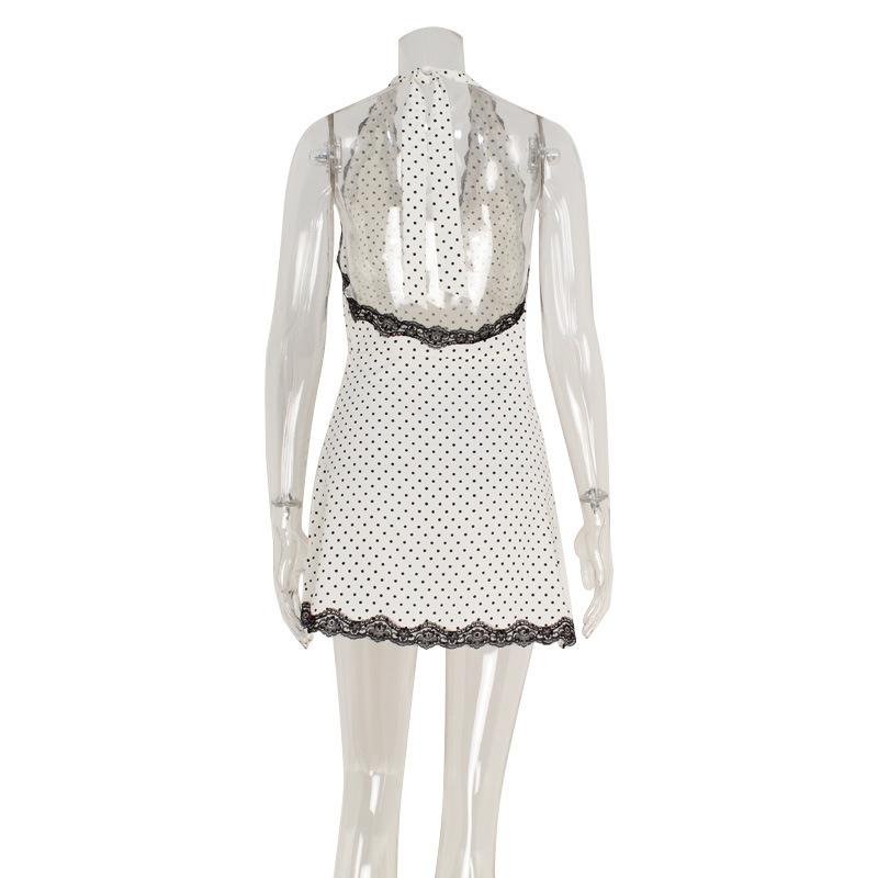 Polka Dot Summer Fashion Backless V Neck Short Dress Sleeveless Loose Slim Fit Print Sexy Party Dress Casual Sweet Lace Halter Neck Elegant Clothing