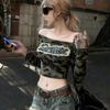 Autumn and winter new slim top camouflage short one-word collar denim long-sleeved T-shirt Spice Girl American inner base