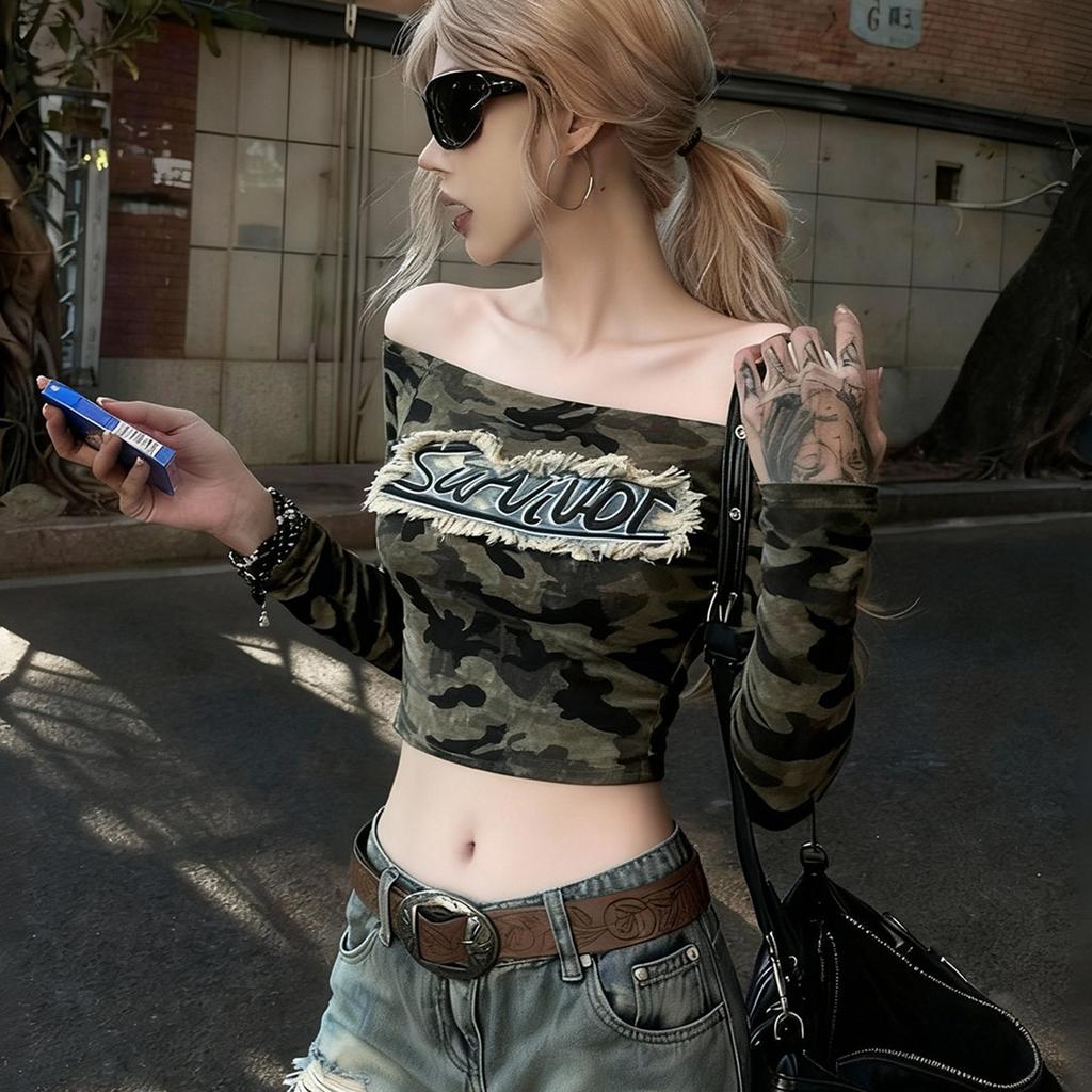 Autumn and winter new slim top camouflage short one-word collar denim long-sleeved T-shirt Spice Girl American inner base