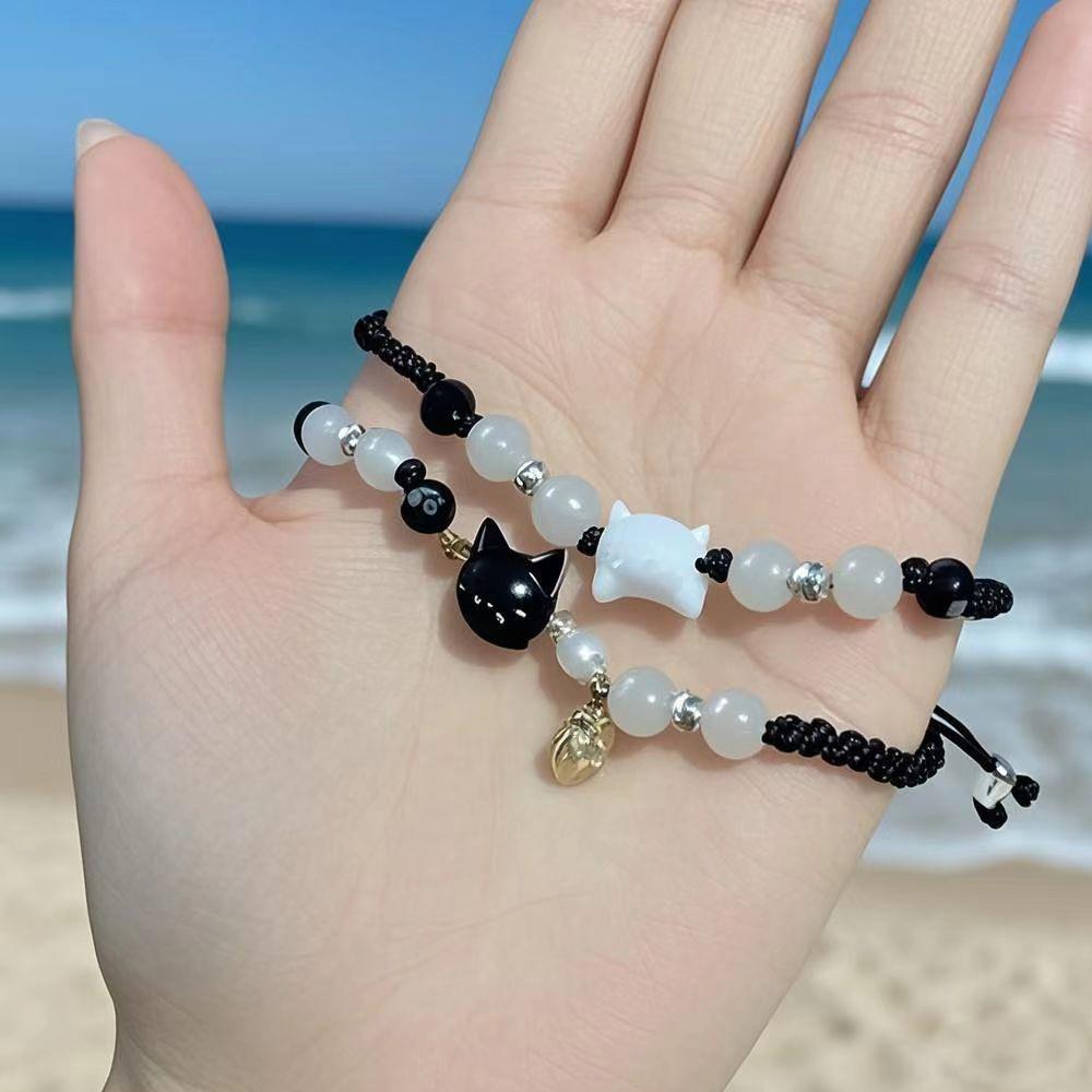 

2 шт. Натуральные браслеты из лунного камня и обсидиана для пары Минималистичный браслет Ручная работа Милый браслет с черным и белым котенком Украшения для вечеринки Подарки