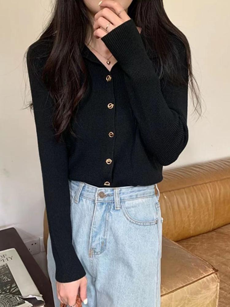 French Elegant Lapel Knitted Sweater Cardigan Women Spring Autumn Vintage Solid Polo Shirt Korea Chic Underneath A Base Layer Clothes