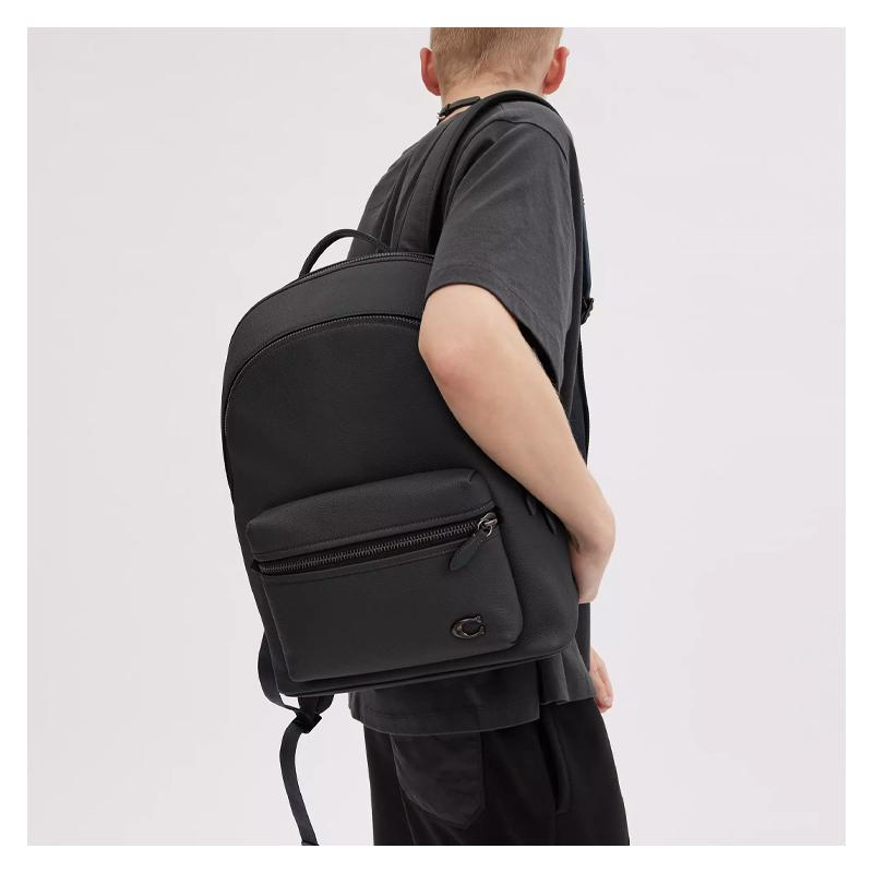COACH 30 Logo Logo Zipper Closure Polished Pebble Texture Commuting Leather Backpack Backpack Large Men's Black