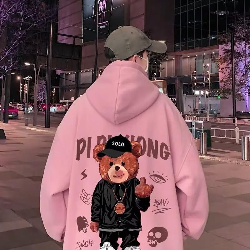 Fall Winter Fashion Bear Printed Women Hooded Loose Fleece Warm Tracksuit Sports Streetwear Fashion Hoody Casual Sweatshirt