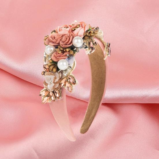 Women Heaband Fake Flower Faux Pearl Shiny Rhinestone Decor Wide Vintage Luxury Anti-slip Colorful Hair Hoop Anti-slip Hair Decoration Accessory