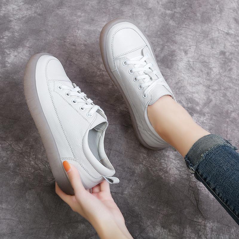 Fashion GKTINOO 2025 New Spring Women Flat Shoes Lace Up Round Toe Genuine Leather Flats Women Casual Shoes Soft Bottom Ladies Shoes