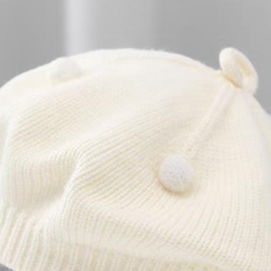 French Style Beret Hat Plush Ball Decor Baby Beret Hat with Anti-Slip Design Elastic Fit Warm Knitting Hat Autumn Winter Headwear