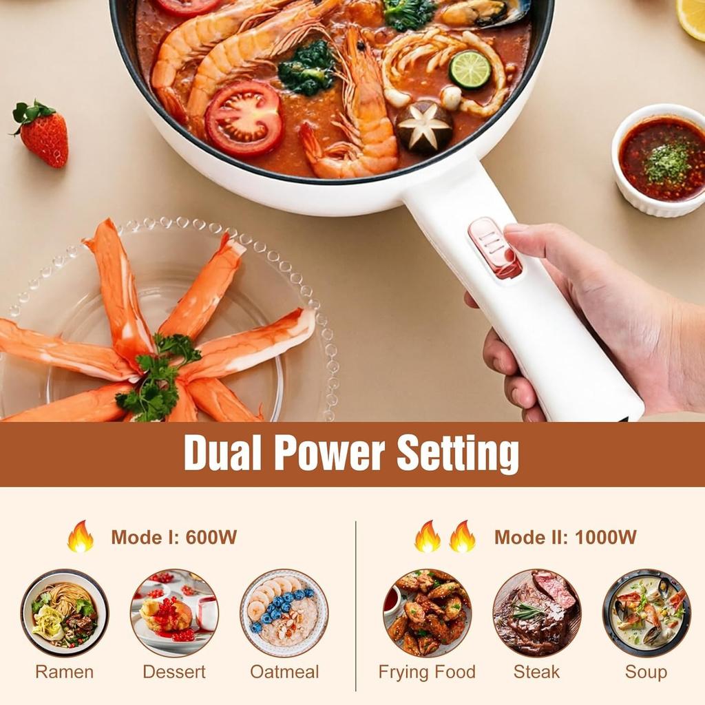 Hot Pot Electric with Steamer,Rapid Noodles Cooker Non-Stick Frying Pans with Spatula for Steak, Egg, Fried Rice, Ramen, Oatmeal, Soup,