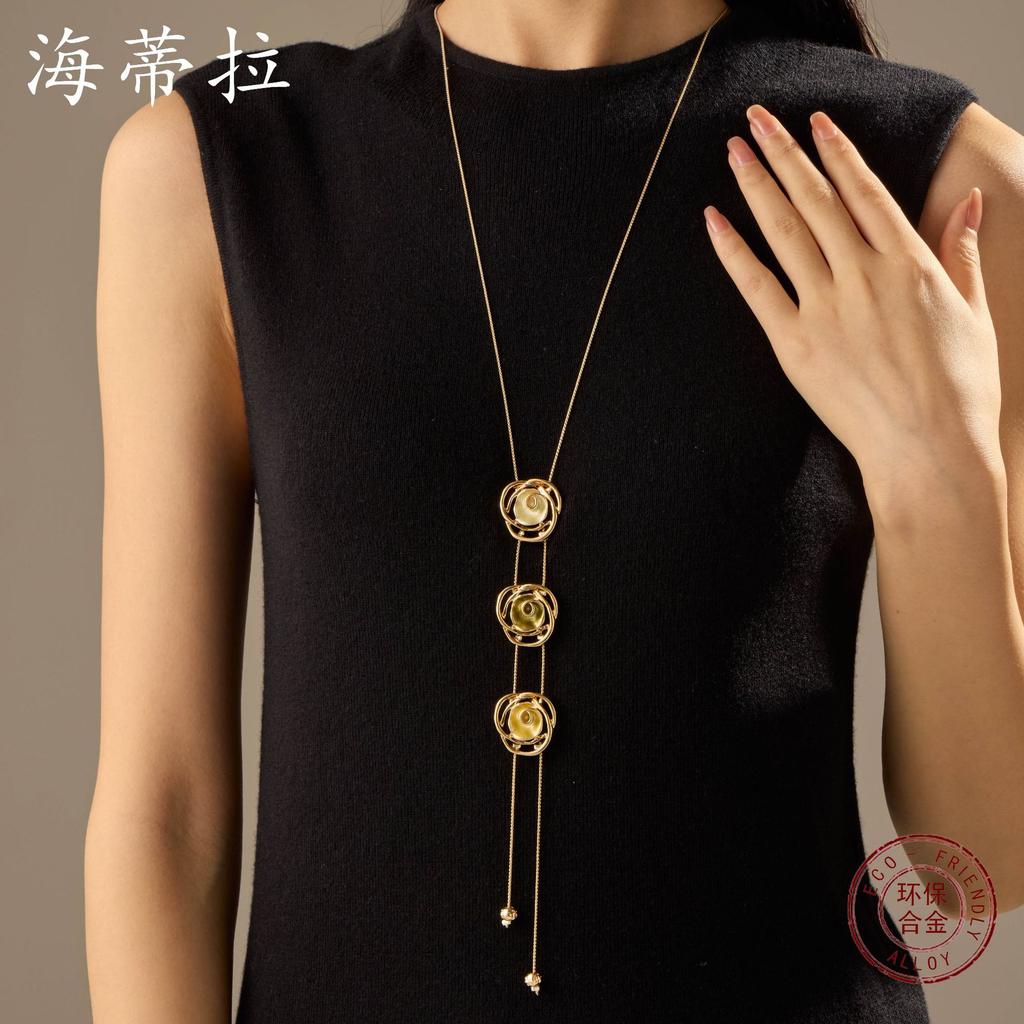New Color Painting Oil Hollow Rose Fringed Pendant Sweater Chain, Women's High-end Long Necklace