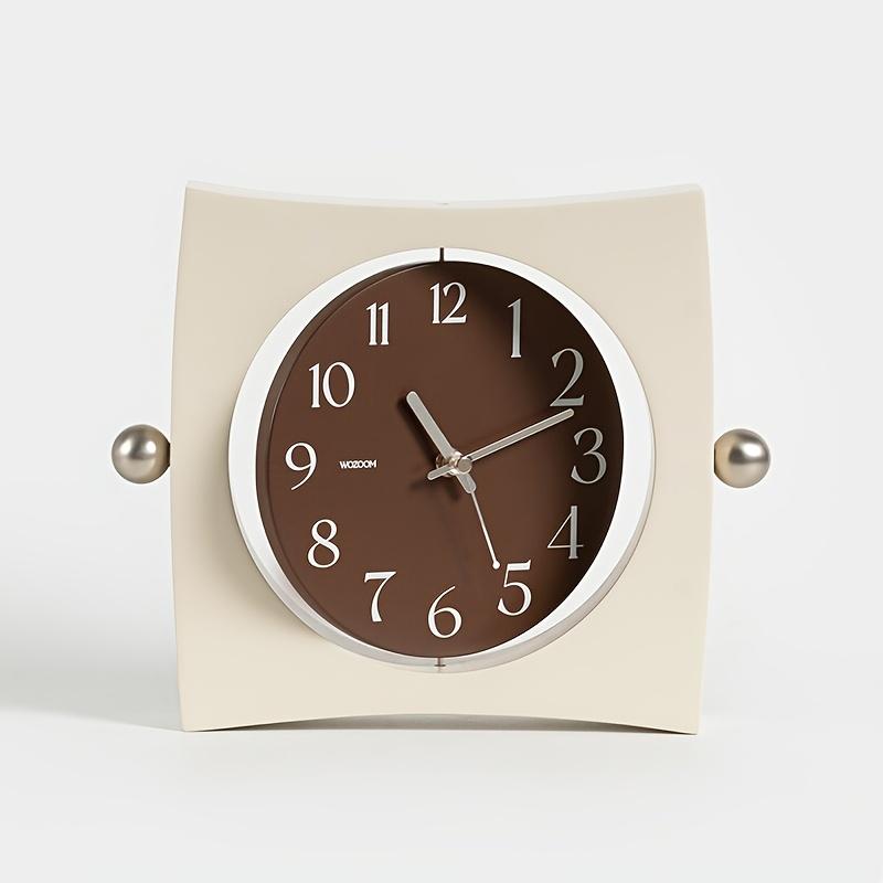 Unique Square Wall Clock with Curved Appearance, Metal Ball Decorations, Rotatable Dial, Beige Face with Black Numbers, Silent Operation, Wooden Frame