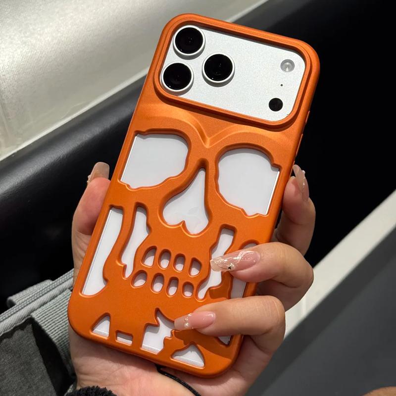 Ins Hollow Out Skeleton Skull Matte Orange Phone Case For For Iphone 17 Pro Max Plating Orange Protective Back Cover