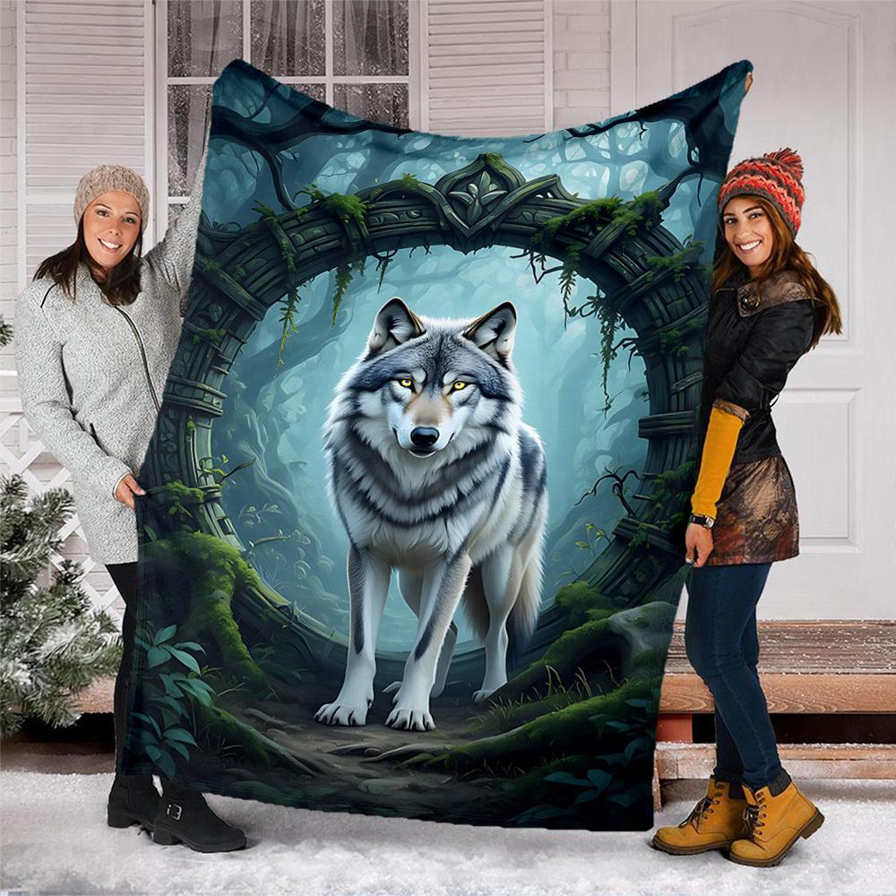 1pc Wolf Forest Outdoor Blanket - Soft Flannel Cozy for Travel & Camping - All-Season Warm Bed Cover, Machine Washable Yy251229074