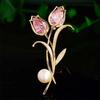 Zircon Tulip Flower Pearl Brooches For Women Sweet  Floral Lapel Pins Banquet Party Clothes Corsage Jewelry Gift