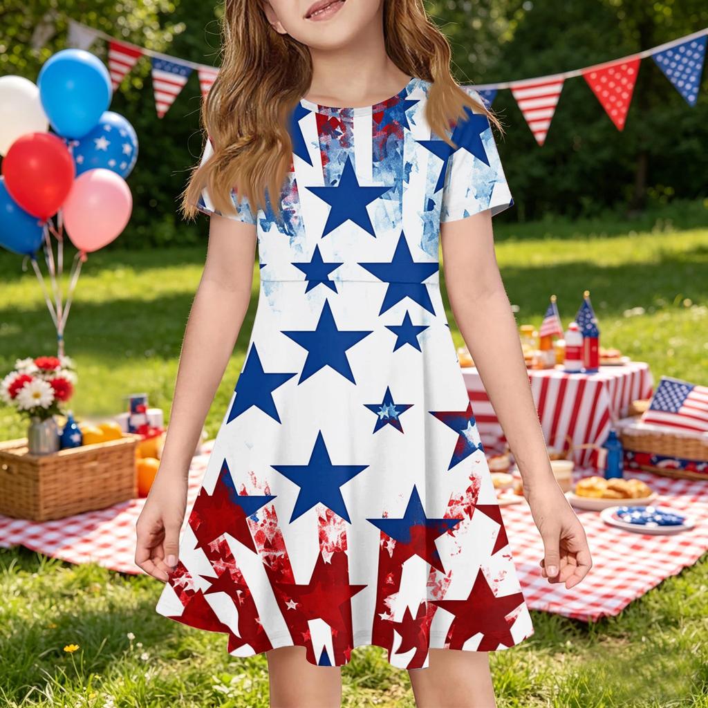 Girls Short Sleeve Dress with Pocket Independence Day Print Casual Comfortable Fit A-Line Skater Dress for Summer