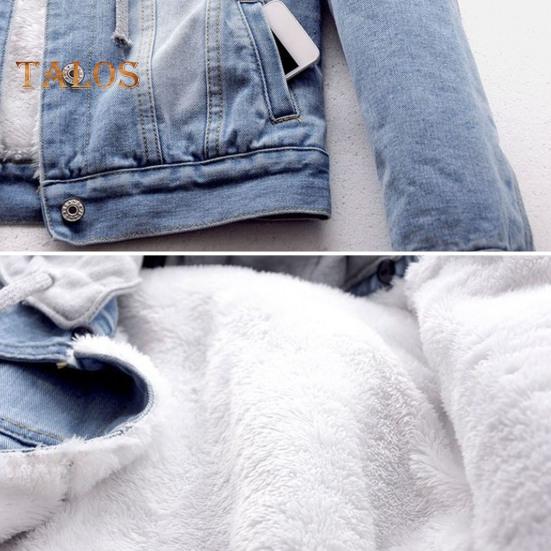 Women Jacket Thick Fleece Lined Solid Color with Pockets Lapel Single-breasted Long Sleeves Warm Loose Denim Jacket Daily Outdoor Coat