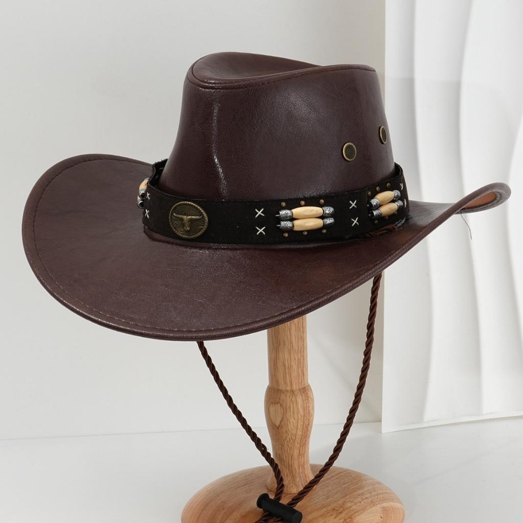 Vintage PU Leather Metal Sun Beaded Western Cowboy Hat Heavy Industry Locomotive Stage Show Personalized Trend Hat