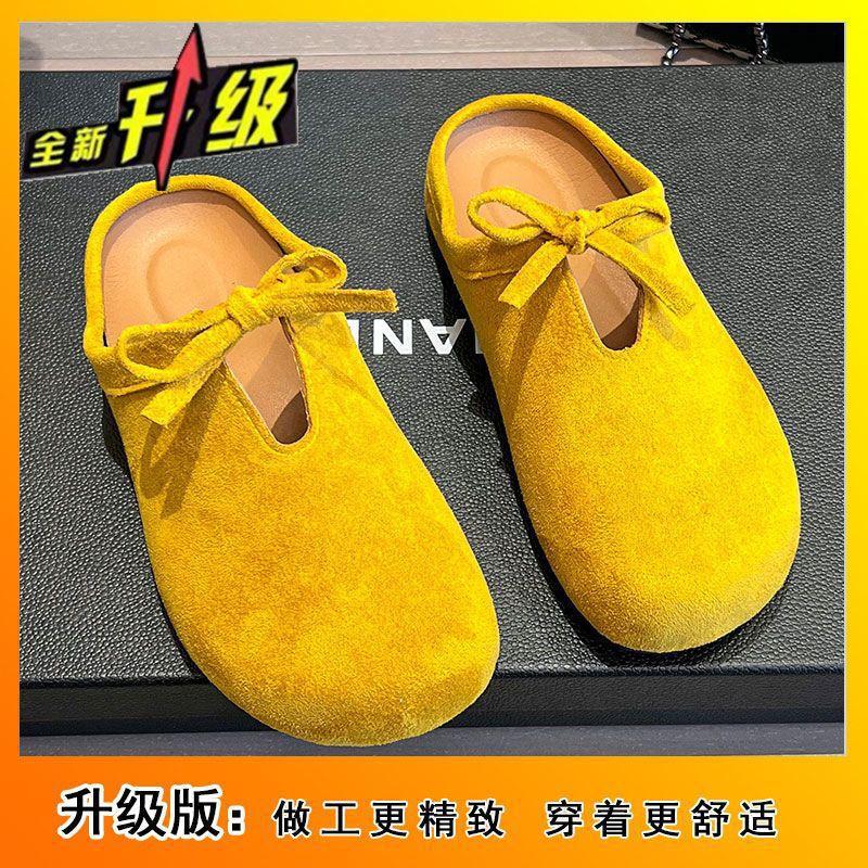 Flat-bottomed Bag Head Slippers Women's 2025 Spring New Bow Versatile One-pedal Boken Soft-soled Retro Half Slippers