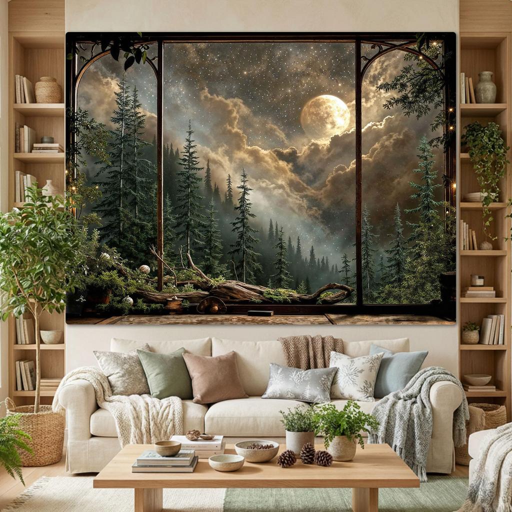 Arazzo Vista Finestra Foresta, Stampa Alberi di Pino Notturni con Luna Piena e Cielo Stellato, Appeso a Parete per Arredamento Natura e Cottagecore