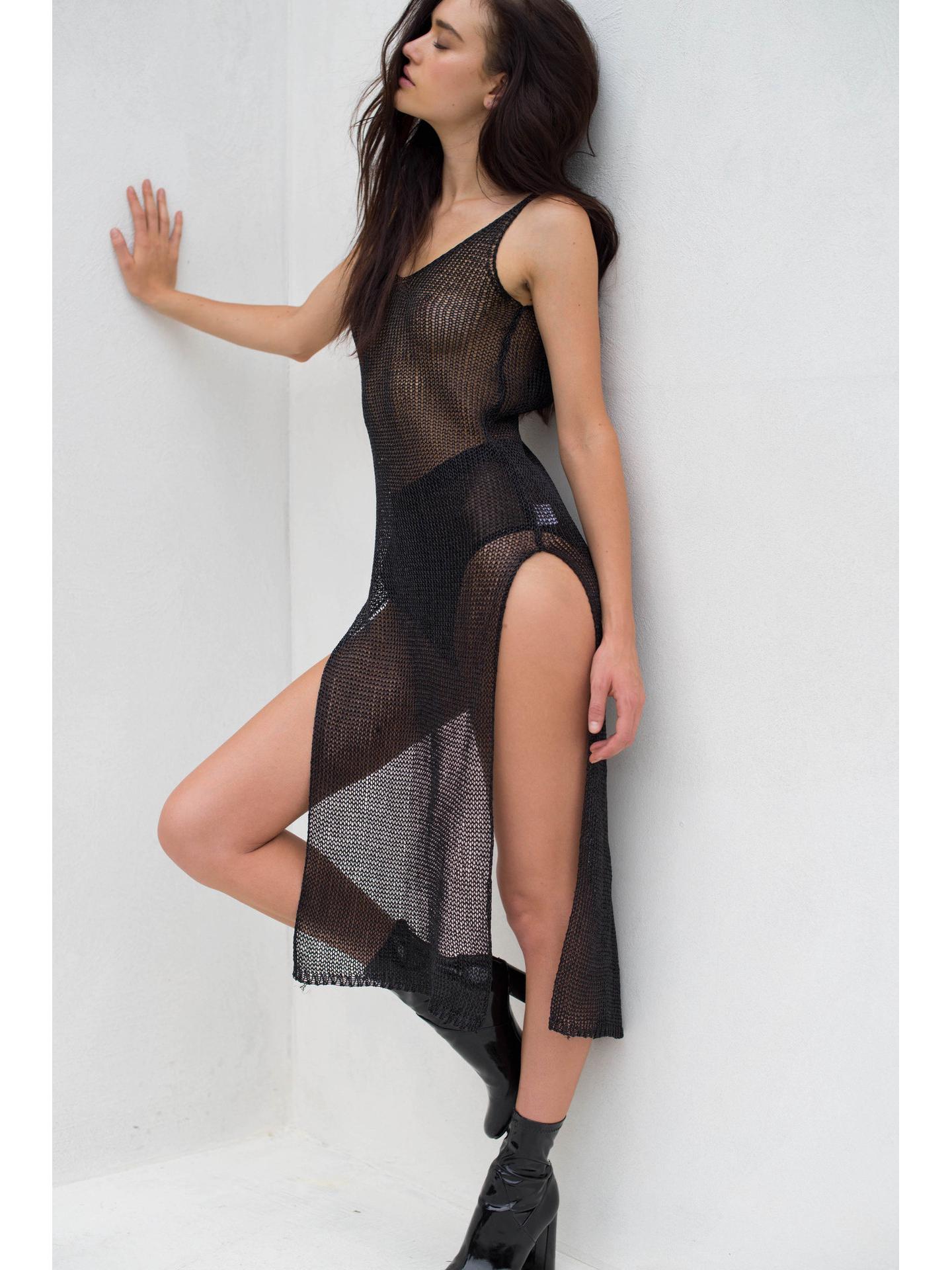 

Летнее женское сексуальное бикини-платье-сетка - без рукавов, круглый вырез, однотонный цвет L