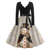 Women's Casual Fashion V-neck Long Sleeved Retro Christmas Print Retro Dress