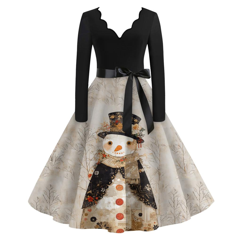 Women's Casual Fashion V-neck Long Sleeved Retro Christmas Print Retro Dress
