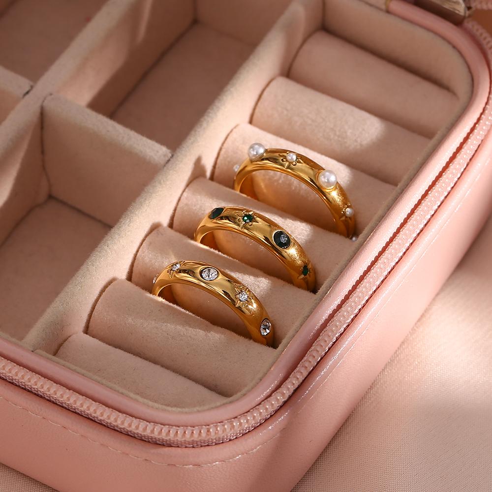 MamacitaSlay 316L Stainless Steel Pearl Zircon Star Stackable Ring 18K Gold Plated Waterproof Jewelry For Women Vintage Ring