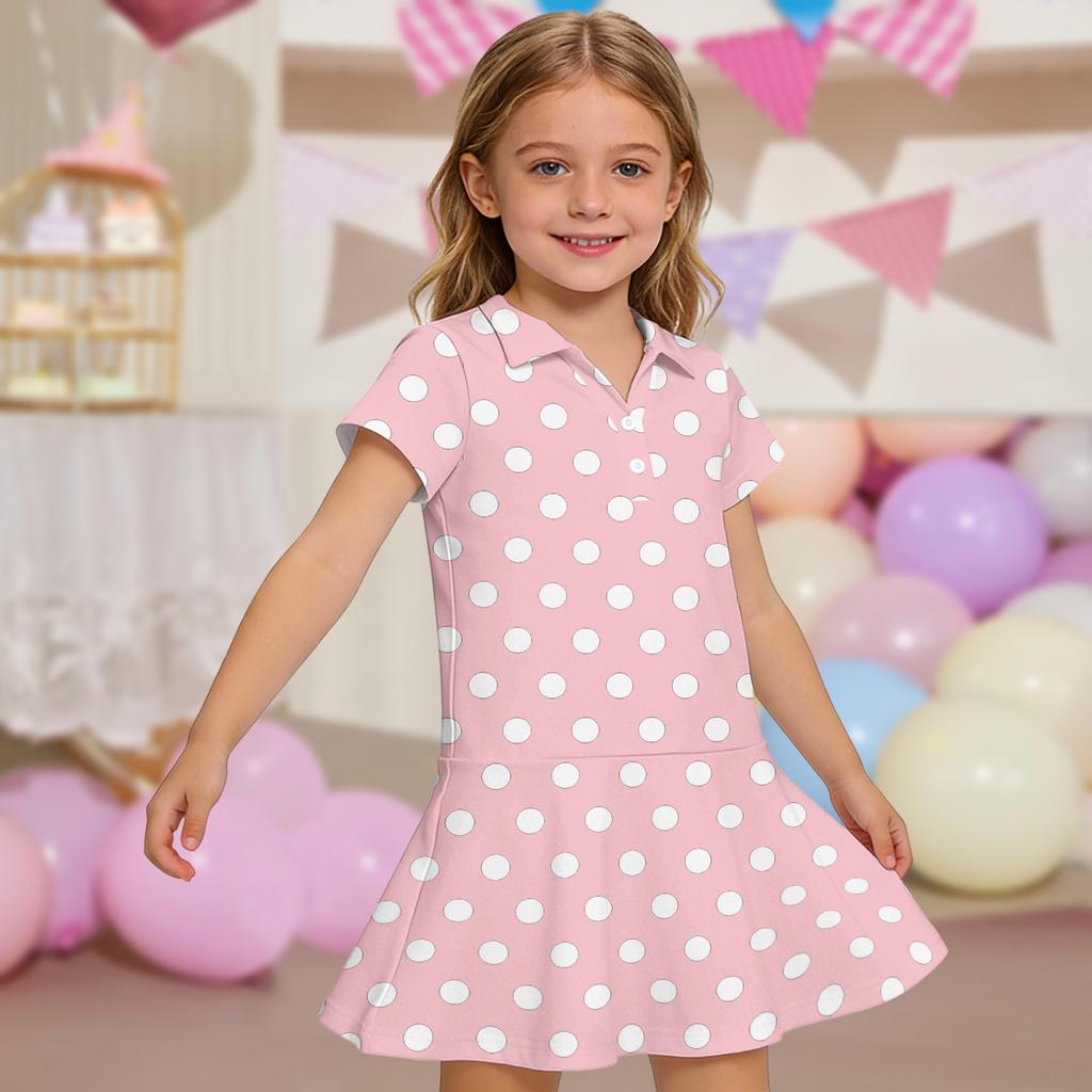 Girls Short Sleeve Polo Dress with Polka Dot Print and Pockets Casual Lightweight Summer Dress for Kids