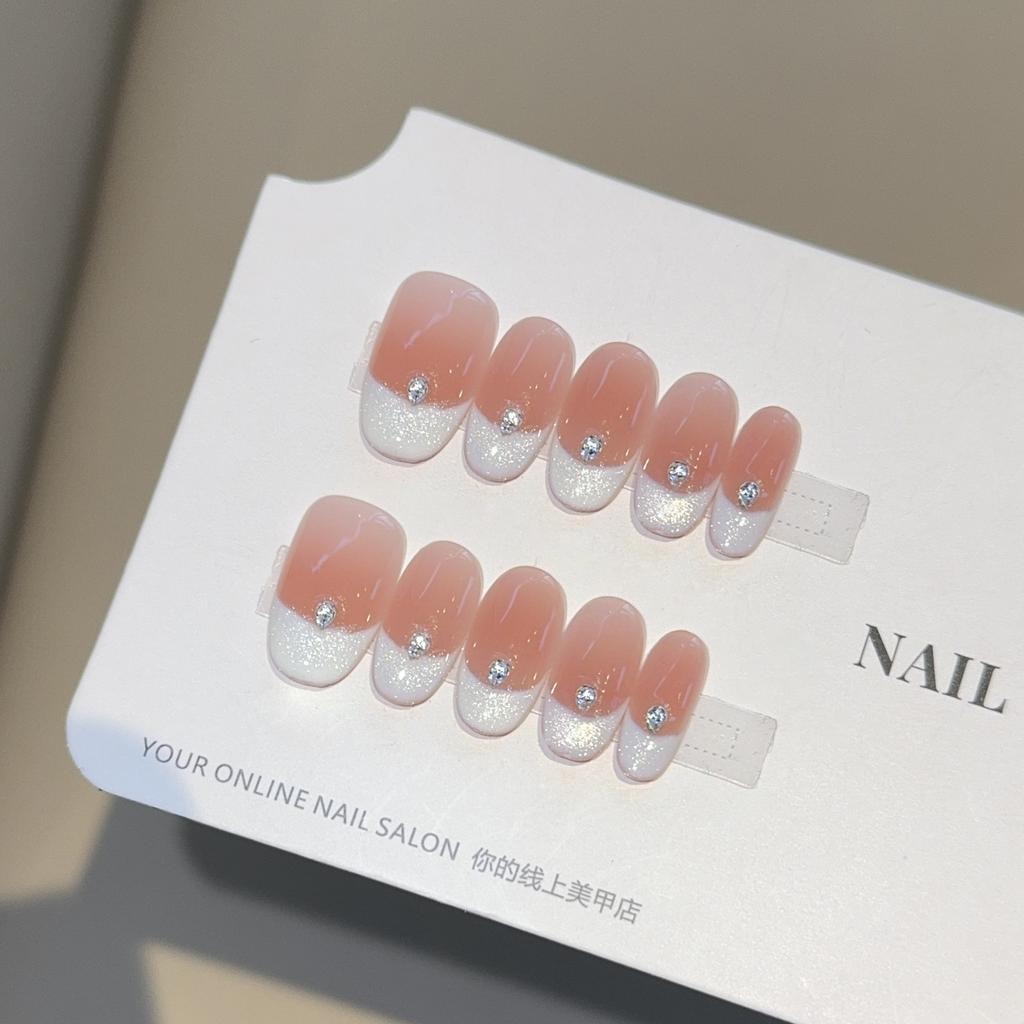 10Pcs Cat Eye French Short Almond Handmade Fake Nails with Diamond Decoration Design Nail Art Simple Fashion Press on False Nail