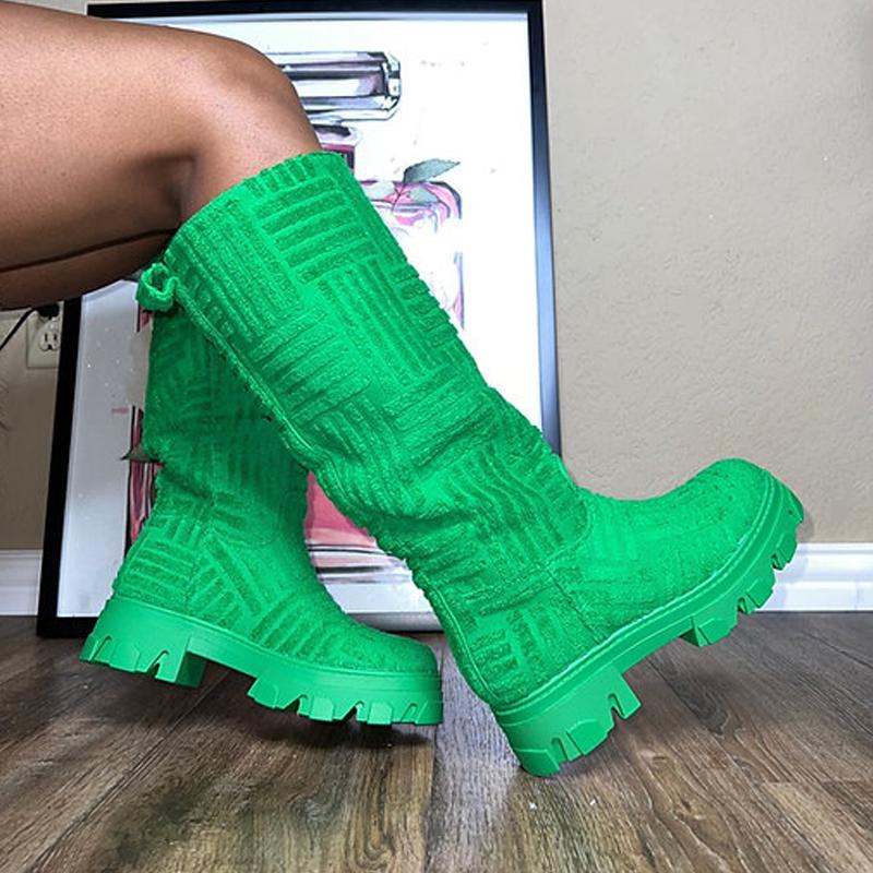 

Fashion Chic Women Long Boots Brand Design Terry Cloth Knee-high Booties Ladies Thick Sole Pink Green Botas Tone To Tone 42 зелёный