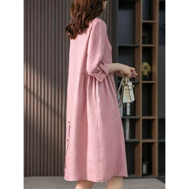 2025 Spring/Autumn Artistic Casual Loose Plus Size Women's Linen Slimming Shirt Dress