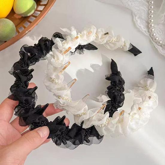 Women Headband Non-Slip Wide Headband with Inverted Tooth Comb Pearl Embellishments Layered Mesh