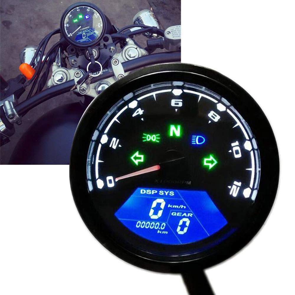 HANSWD LCD Digital Speedometer Tachometer Mileage 4 Stroke 1/2/4 Cylinder Motorcycle with MPH/KMH124MPH/199kg Time 12000rpm