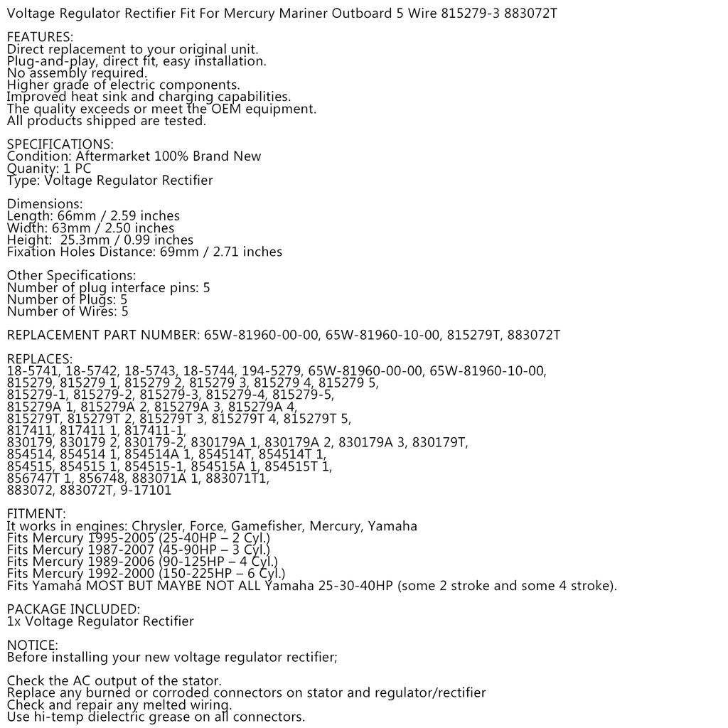 Gleichrichter Spannungsregler Für Mercury Mariner Außenborder 5 Drähte 815279-3 883072T