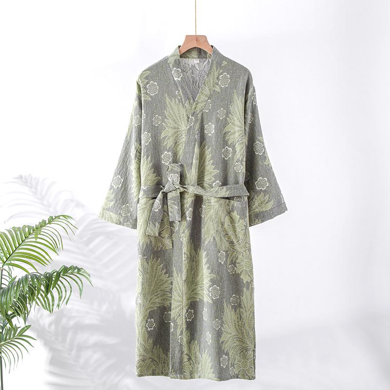 Women's Retro Jacquard Cotton Bathrobe: V-Neck Loungewear for Spring & Autumn, Kimono Sauna Suit