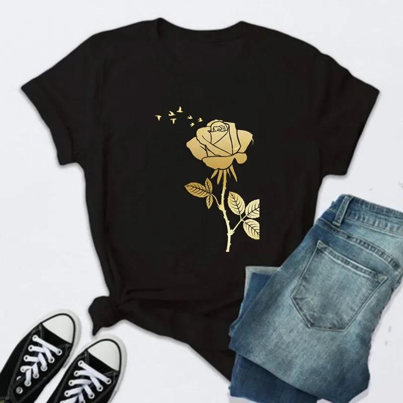 Women Rose Print Black T Shirt Female 2026 Valentine New Tshirt Fashion Short Sleeve Tee Tops Harjauku Cute Tshirt Graphic Y2K