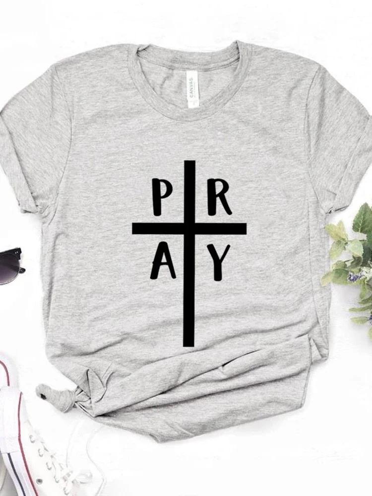 Pray Cross Jesus Print Women T Shirt Short Sleeve O Neck Loose Women Tshirt Ladies Fashion Tee Shirt Tops Clothes