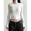 Vintage Flared Long Sleeve Corset Crop Tops Women Aesthetic Grunge Printted Tees Gothic Round Neck T-shirts Y2K Tops Tees Street