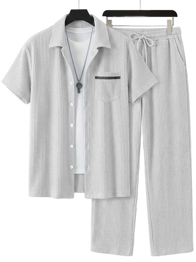 1116 New Solid Color Lapel Set, Men's Loose and Breathable Casual Two-piece Set for Beach Vacation