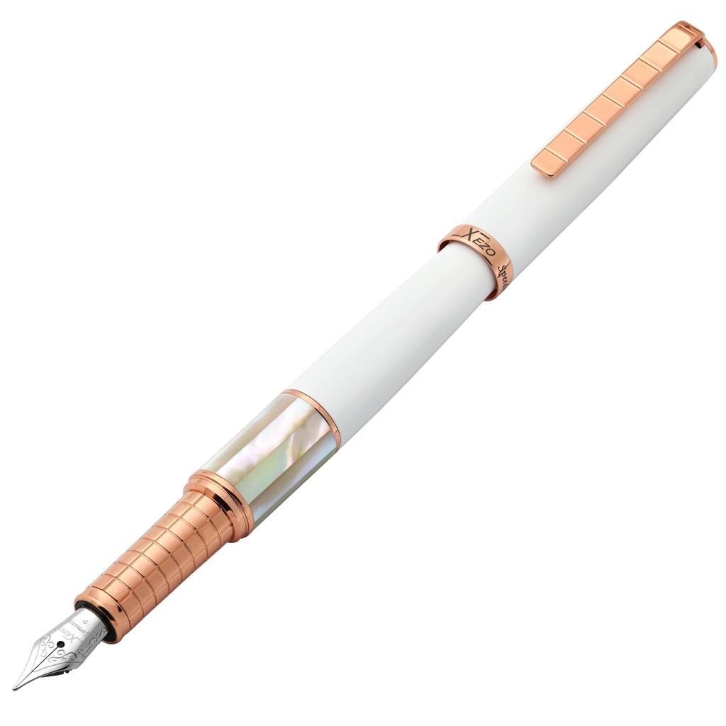 Xezo Speed Master fountain fine Matte white with white Rose gold Lightweight brass pen, nib. mother-of-pearl finish. plated. body.