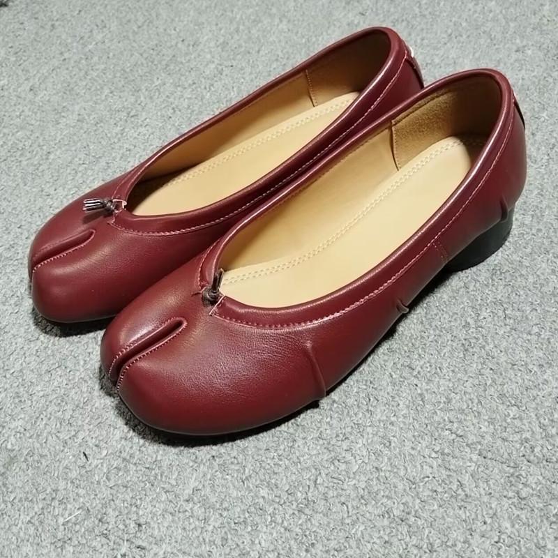 Pleated Designer Split Toe Women Pumps Comfort Soft Leather 3.5cm Low Heeled Ballet Ballerina Casual Tabi Loafers Shoes