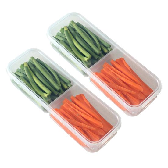 

2Pcs Slim Meal Prep Boxes with Lids Long Clear Snack Containers with 2 or 3 Compartments Narrow Stackable Refrigerator Organizer for Kitchen Fridge 2pcs 2Grids