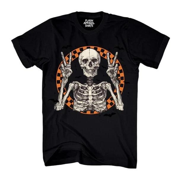 Halloween Shirt Vintage Retro Skeleton Peace Spooky Scary Costume Novelty TShirt S