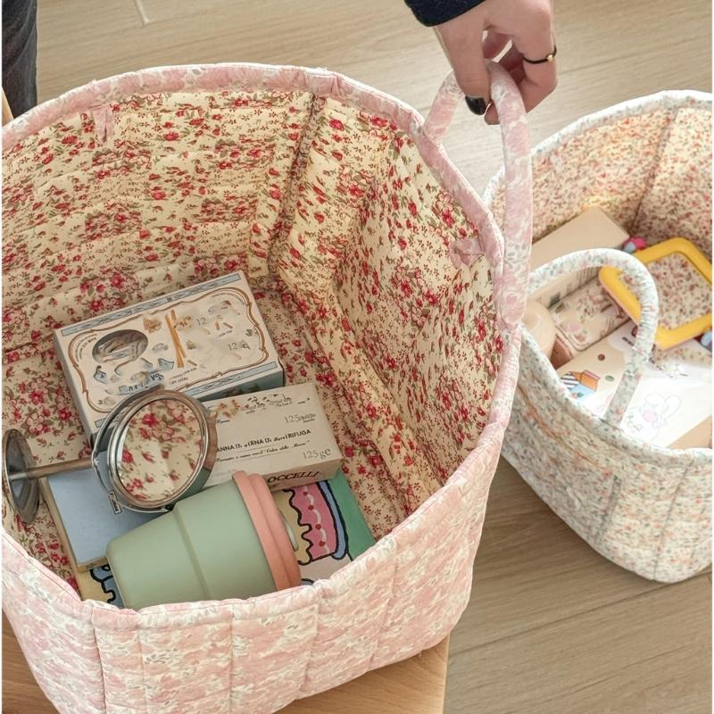 Floral Pattern Quilted Cotton Storage Basket Foldable Lightweight with Handles for Home Laundry Toy Organization