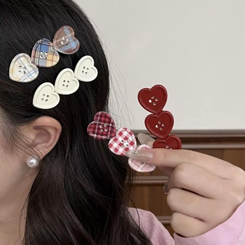 Süße Karomuster Liebe Knopf Haarspange Seitenpony Girly Niedlich Entenschnabel-Clip Haaraccessoires