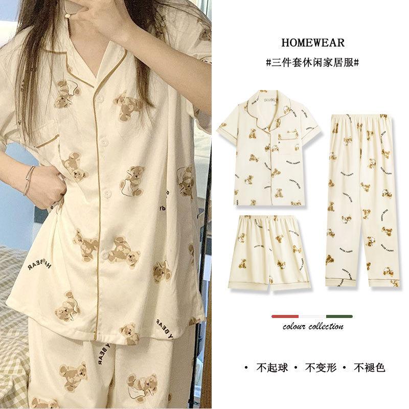 Pajamas Female Cute Cartoon Bear Cotton Short-Sleeved Shorts Trousers Fashionable Versatile Summer Loungewear M