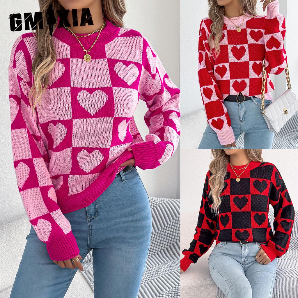 GMXIA Autumn and Winter Color-blocking Checkered Heart-shaped Lantern Sleeve Pullover Sweater for Valentine's Day Women's Wear