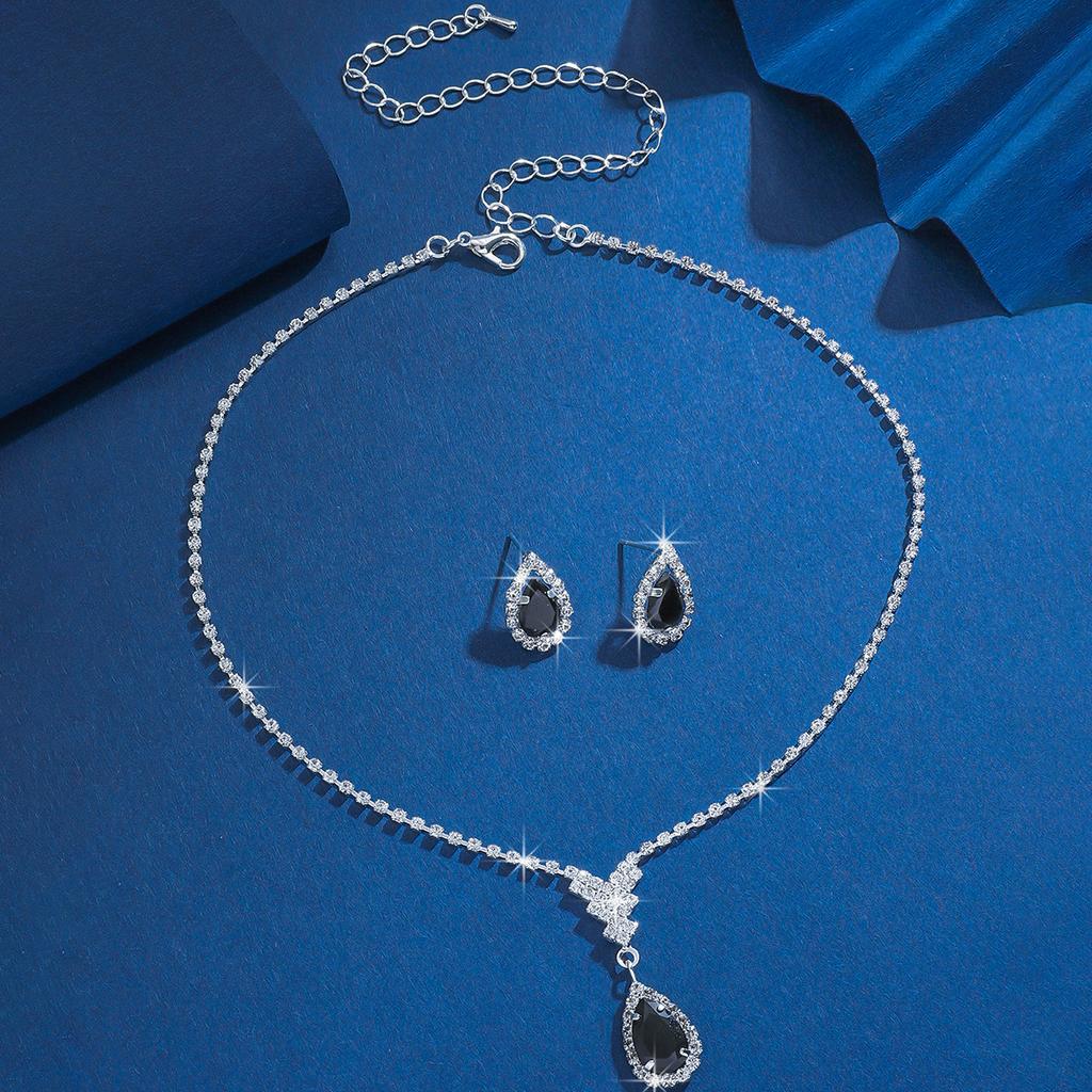 Premium Simple Water Drop Earrings Necklace Set Women's Shiny Stud Earrings Bridal Banquet Collarbone Chain Jewelry